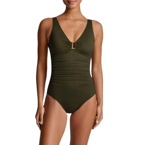 LAUREN RALPH LAUREN Ring One Piece Swimsuit Size 12 Olive Green OTS NWT
